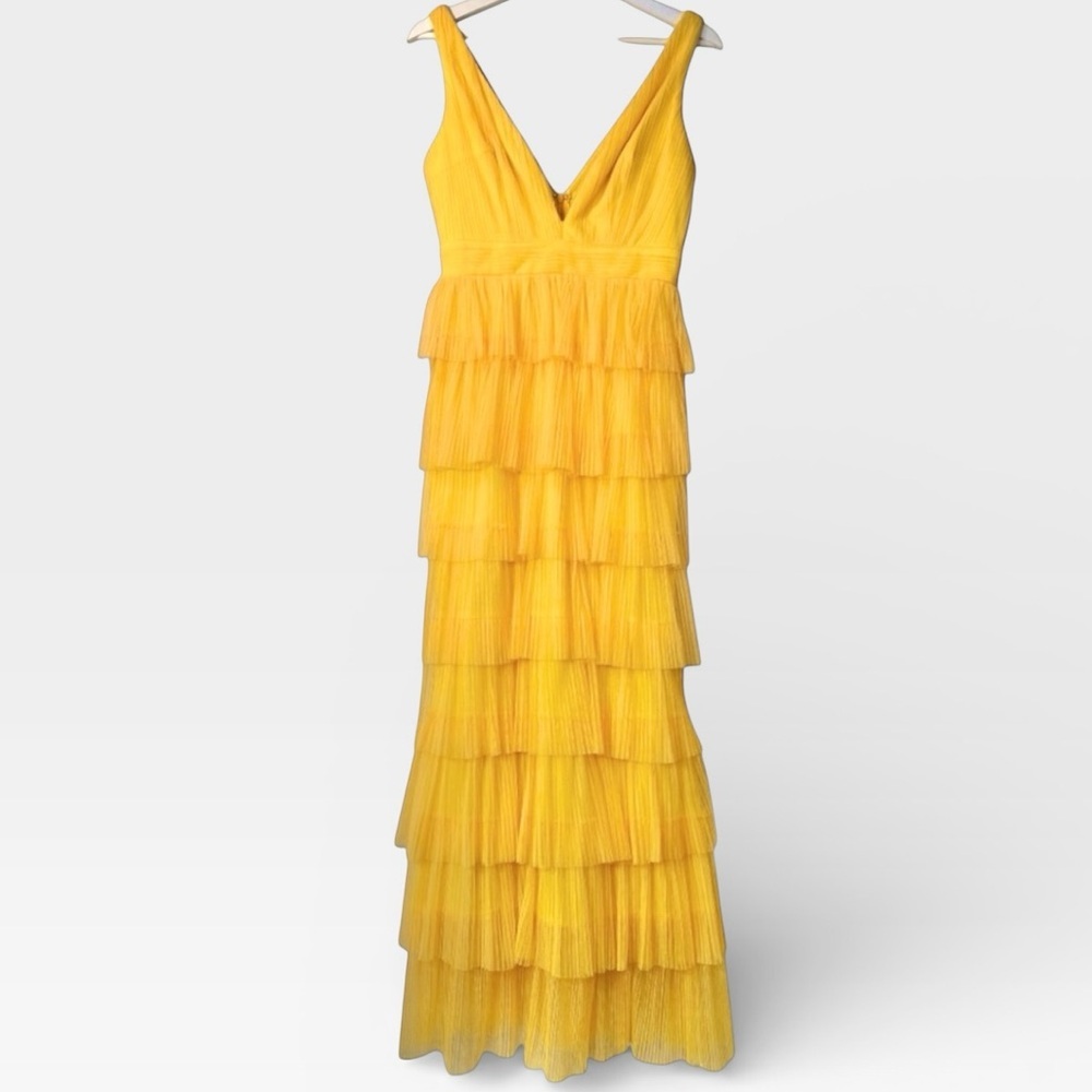 Fashion Nova Vibrant Yellow V Neck Ruffle Mesh Layered Formal Maxi Dress Small
